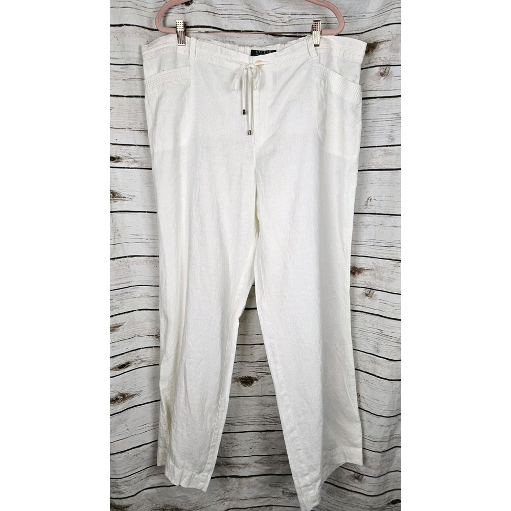 Ralph Lauren White 100% Linen Pants 20W NEW Wide Leg Womens Coastal Drawstring